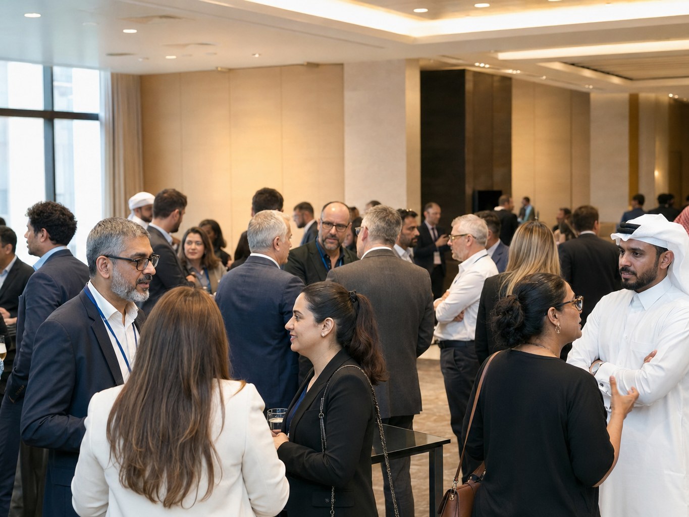 Senior delegates networking in a conference room at an International Business Week event