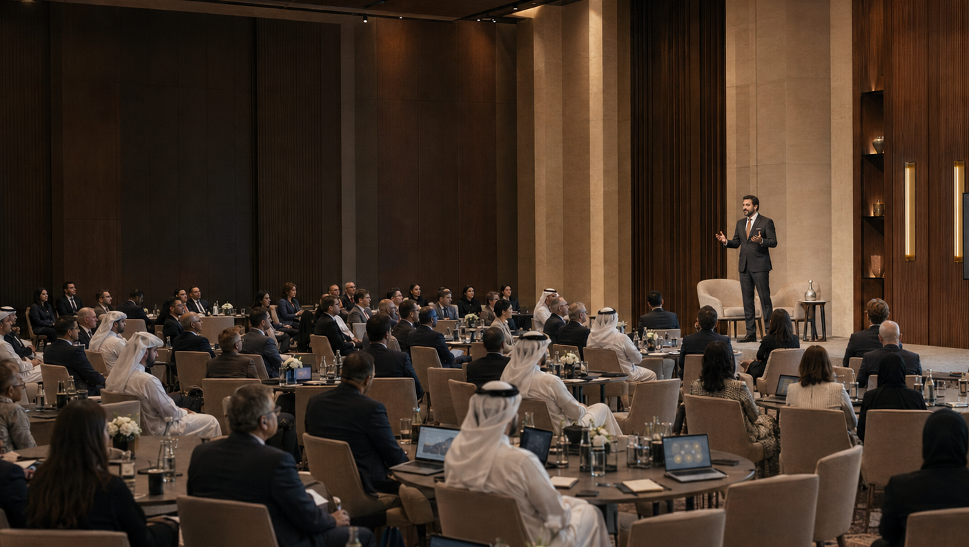 A speaker on stage addressing a full room of senior GCC business leaders at a premium Doha conclave.