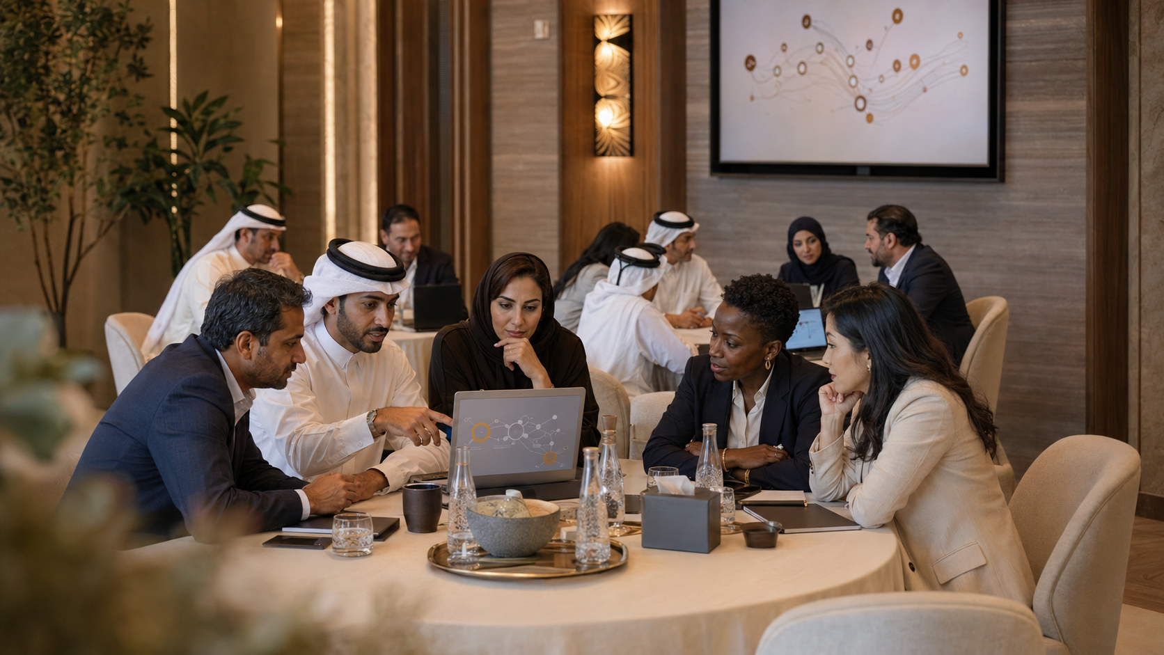 A diverse group of GCC professionals around a laptop, working through a practical AI use case together in a Master Class.