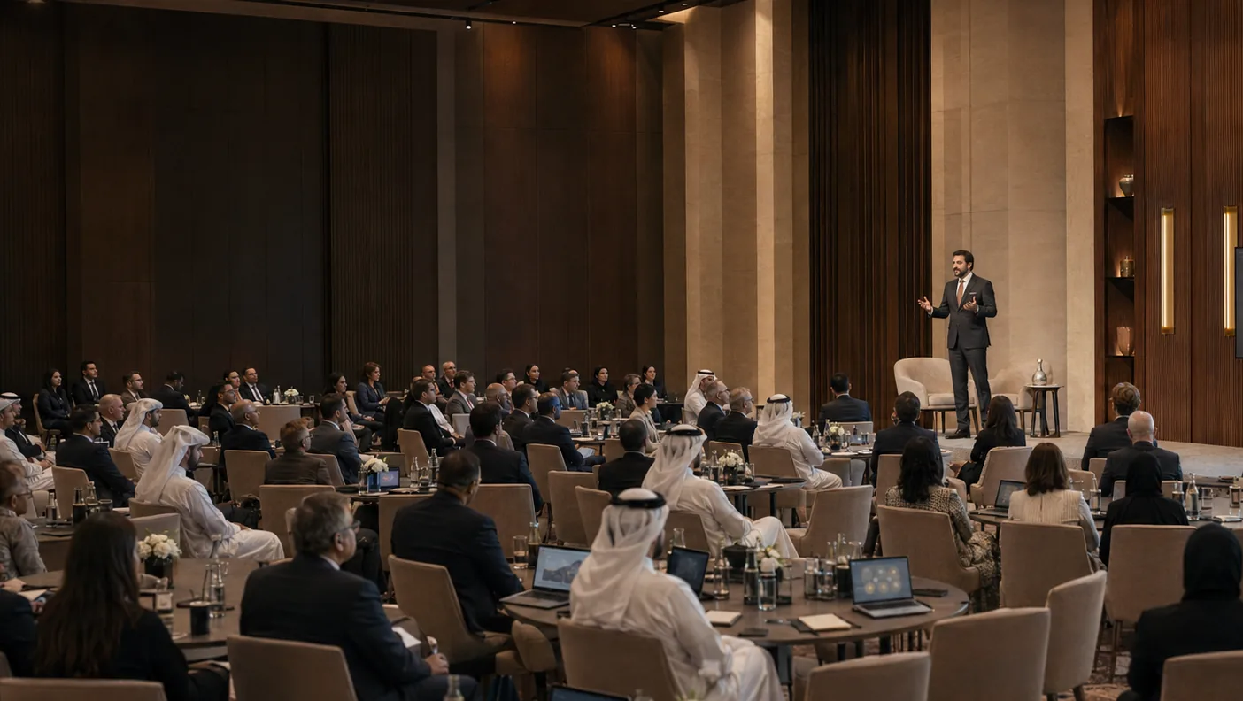 A speaker on stage addressing a full room of senior GCC business leaders at a premium Doha conclave.