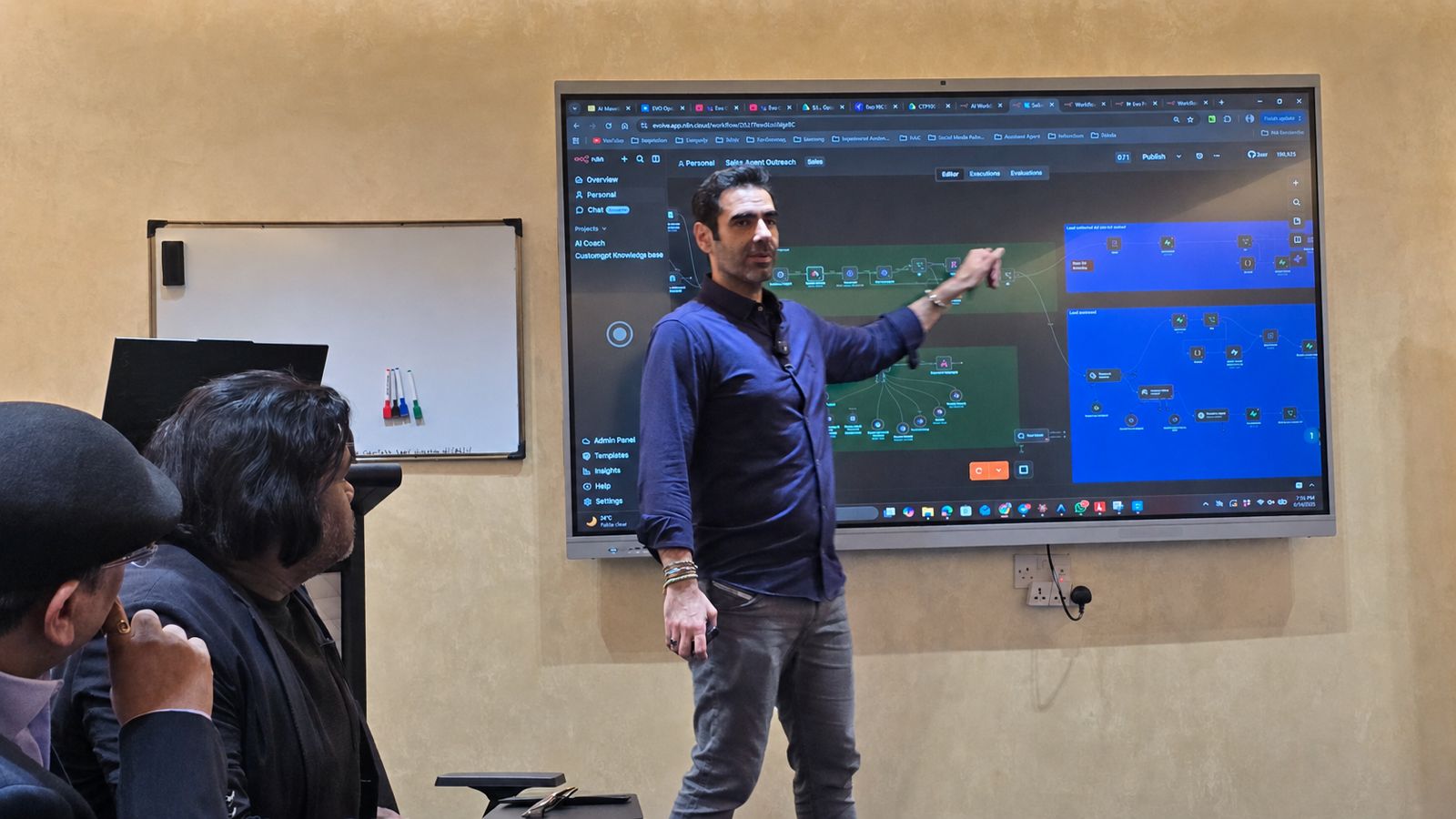 Sam Fouladgar demonstrating agentic outreach and sales workflows at the 3 June AI Mavericks session in Doha